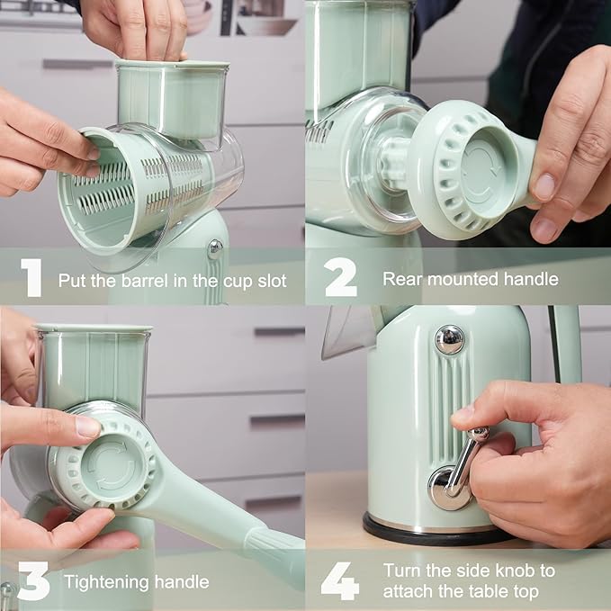 ZHANG XIAO QUAN SINCE 1628 5-in-1 Interchangeable Blades Rotary Cheese Grater Hand Crank, Cheese Shredder Mandoline Vegetable Julienne Slicer Cutter Nut Chopper with Anti-Slip Base, Green