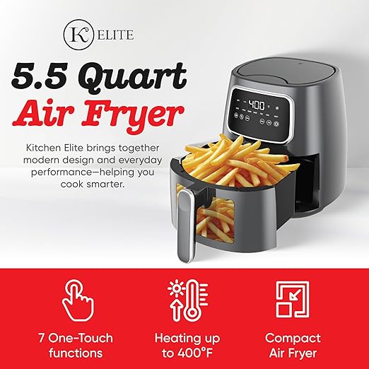 Kitchen Elite 5.5 Qt. Digital Air Fryer, Countertop Cooker with LED Screen, Presets for Air Fry, Roast, Dehydrate, Defrost and Reheat, Grey