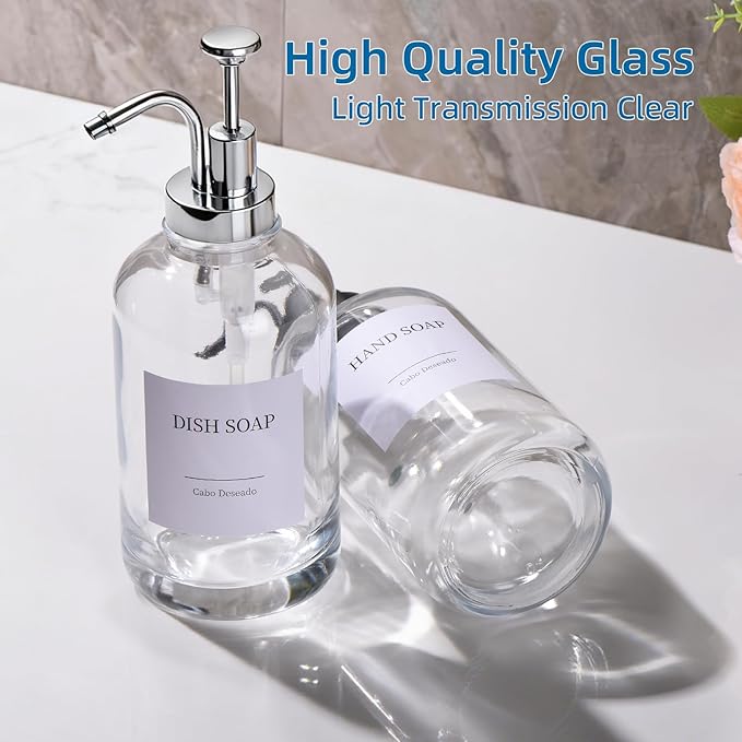 Glass Soap Dispenser with Pump, Dish and Hand Soap Dispenser for Kitchen Bathroom Set, Clear Glass Dispenser Set of 2 Pack with 18 Stickers Funnel Bamboo Tray 500ml 18oz / Each Bottle Sliver Pump