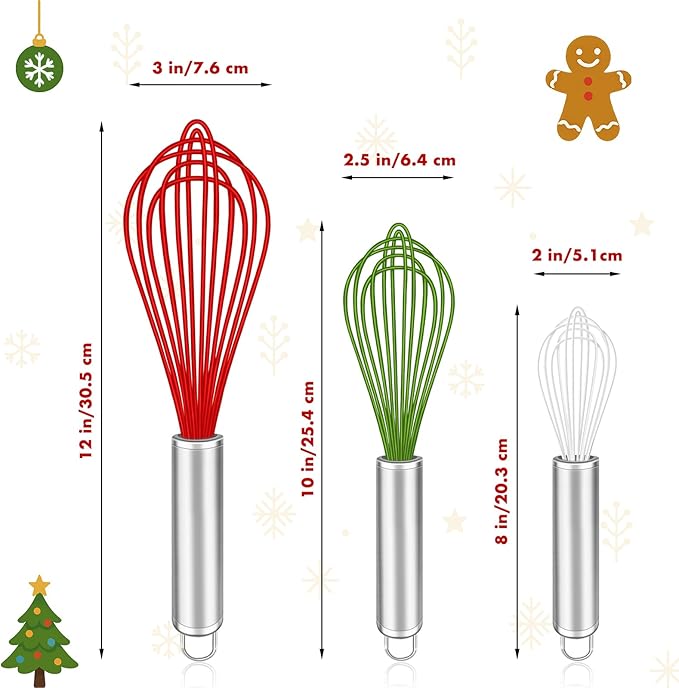 Christmas Whisk Set – 3 Sizes (12”, 10”, 8”) – Holiday Red, Green & White Stainless Steel Whisks for Baking, Cooking & Mixing, Christmas Gift for Bakers & Home Chefs