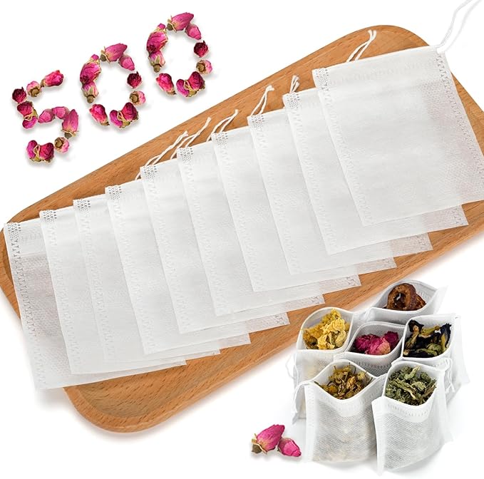 500Pcs Disposable Tea Bags for Loose Leaf Tea, Empty Tea Filter Bags with Cotton Drawstring, Fillable Tea Infuser Sachets for Loose Tea, Coffee, Herb, Spice and More (3.54"x 2.75")