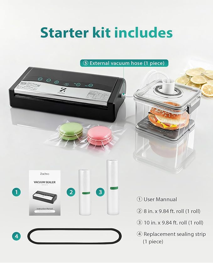 90kPa 10-in-1 Vacuum Sealer for Food, Double Heat Seal for for Bulk Meat Portioning, Dry & Moist Modes, Built-in Cutter and Bag Storage, Starter Kit with Bag Rolls and Hose, Black
