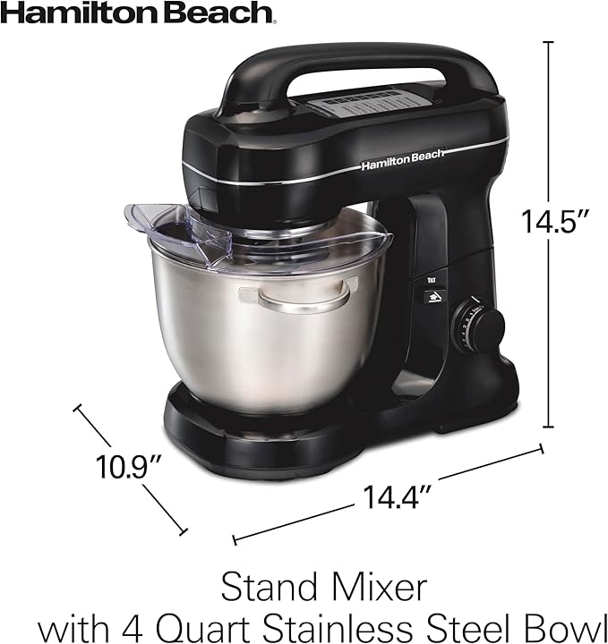 Hamilton Beach Electric Stand Mixer, 4 Quarts, Dough Hook, Flat Beater Attachments, Splash Guard 7 Speeds with Whisk, Easy-Carry Top Handle, Black