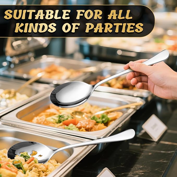 6 Piece Stainless Steel Serving Spoon Set - 3 Large, 3 Slotted,Dishwasher Safe,10-Inch,for Parties/Kitchen/Buffet/Catering
