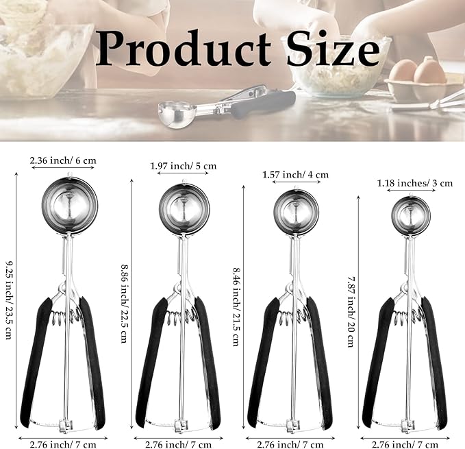 Yinder 4 Pcs Cookie Scoop Set Ice Cream Scooper Cookie Scoops for Baking Include 1/2 /3/4 Tbsp Stainless Steel Scooper with Trigger Release for Baking Cupcake Protein Balls Meatballs Muffin