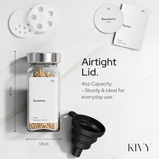KIVY Drawer Spice Organizer + 24 Jars & 240 Labels - Seasoning Rack for Organization - Kitchen Drawer Insert for Spice Jars - Glass Seasoning Jars with Airtight Lids - Glass Spice Jars with Label