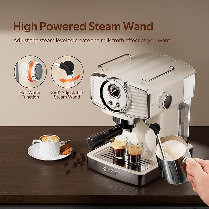 SUMSATY Espresso Machine 20 Bar, Professional Espresso Maker with Milk Frother Steamer Wand, Retro Coffee Maker Cappuccino & Latte Machine for Home, 1.8L Removable Water Tank, Off-white