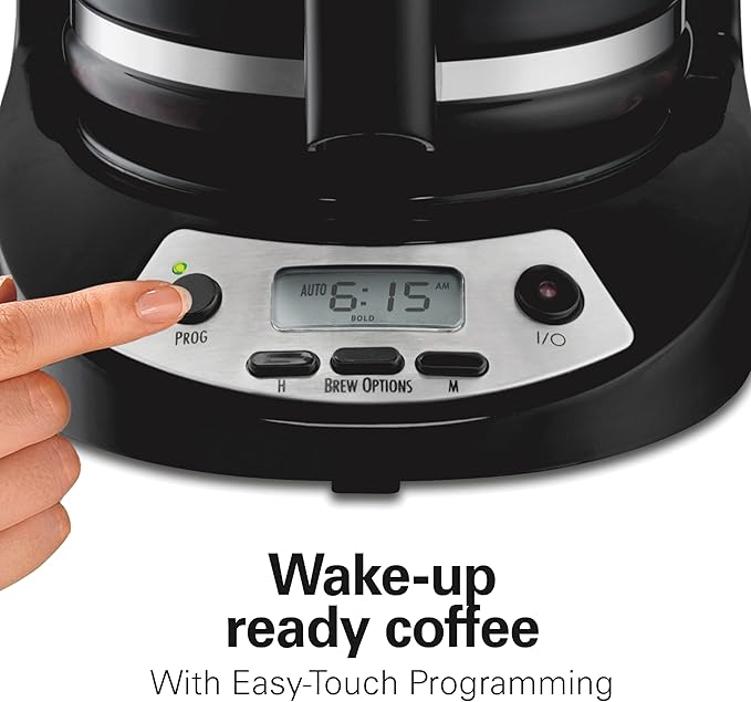 Hamilton Beach 12 Cup Programmable Drip Coffee Maker Machine, Regular & Bold Brew Options, Auto Pause and Pour, Glass Carafe, Black with Stainless Accents (46299J)