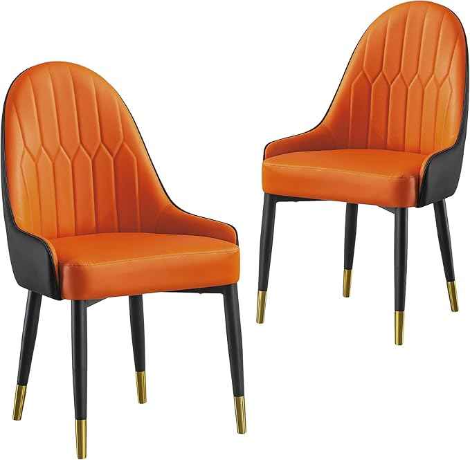 AF ARTISAN FURNITURE Orange Dining Chairs Set of 2 with High Backs Mid Century Modern Kitchen Dining Room Chairs PU Faux Leather Upholstered Large Padded Accent Chair with Legs