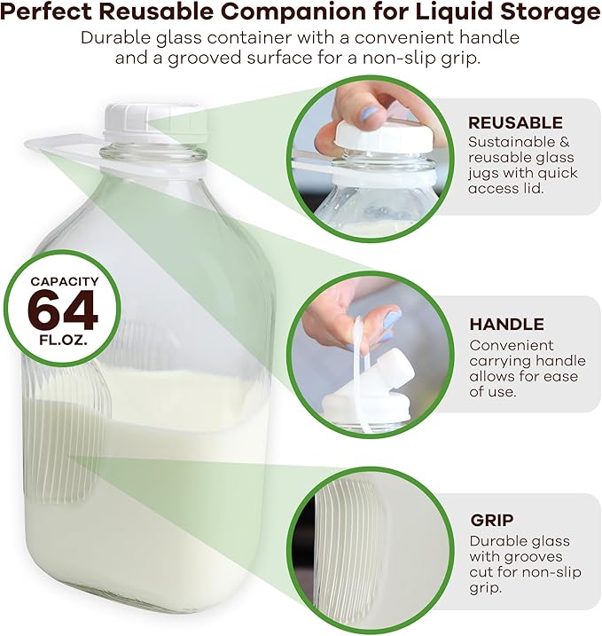 The Dairy Shoppe Heavy Glass Milk Bottle - Jug with Lid and Silicone Pour Spout - Clear Milk Container for Fridge - Reusable Glass Milk Jug Dispenser - Made in USA (64 oz, 1 Pack)
