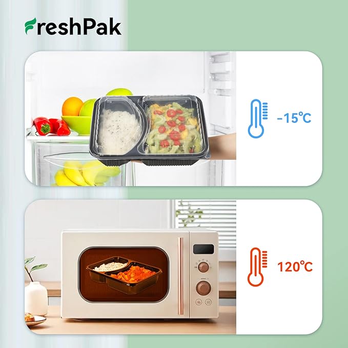 Takeout Containers Reusable 40 Pack 41oz - Shrink Wrap Leakproof | Portion Control Leftovers Plastic Container with Lid | BPA Free Freezer & Microwave Safe Meal Prep | 2 Compartment Lunch Box
