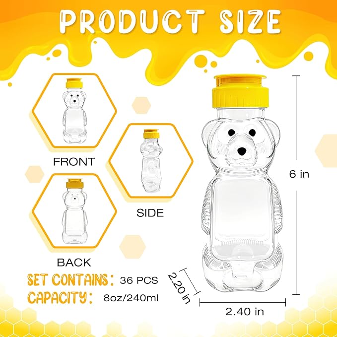 36 Pcs Honey Bear Bottle, 8oz Plastic Honey Squeeze Bottle Honeybear Squeeze Jars, Cute Empty Container with Yellow Flip-top Lid for Syrup Sauce Juice Storing and Dispensing Party Favors