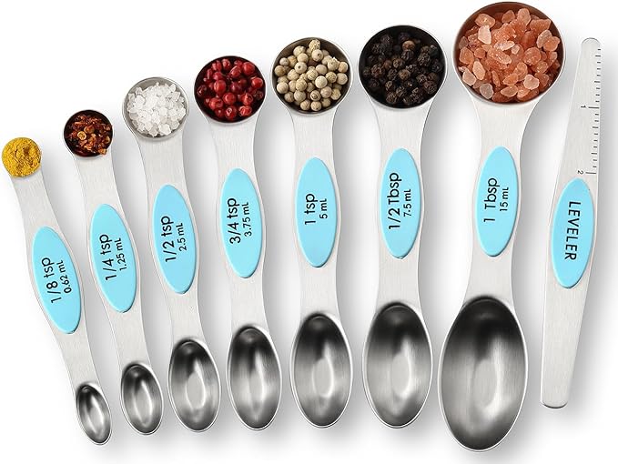 Spring Chef Magnetic Measuring Cups & Spoons Set, Patented, Strong Magnets, Heavy Duty Stainless Steel Fits in Spice Jars for Baking & Cooking, BPA Free, Round Set of 15 with Leveler, Aqua Sky