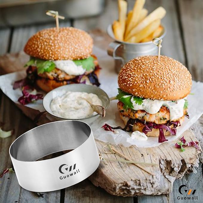 Guowall 6pcs Hamburger Bun Ring Mold, Seamless Thickened 4 inch Nonstick Crumpet Rings Stainless Steel Burger Mould, Cake Rings for Fried Eggs, Pancakes and Cookie for Baking