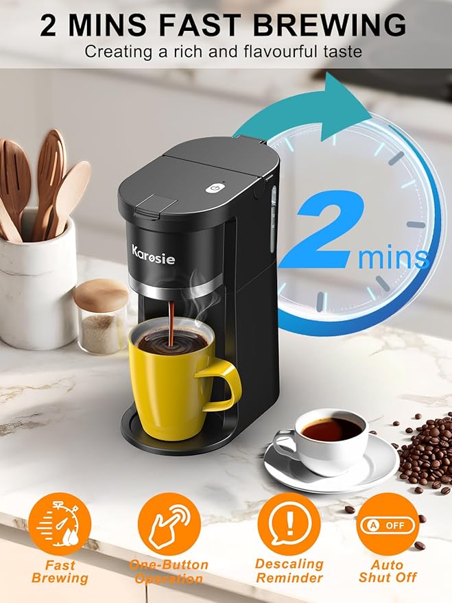 Small Single Serve Coffee Maker, Fast Brew for K-Cup & Ground Coffee, 6-12 Oz Brew Sizes, One-Button Single Cup Coffee Maker, Coffee Machine with Descaling Reminder