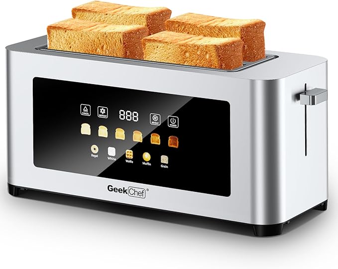 Geek Chef Long Slot Toaster 4 Slice, 1.5" Touch Screen Extra Wide Slots for Bagels & Waffles, 6 Browning Levels, Timer, Reheat, Defrost, Cancel Function, Removable Crumb Tray, Stainless Steel