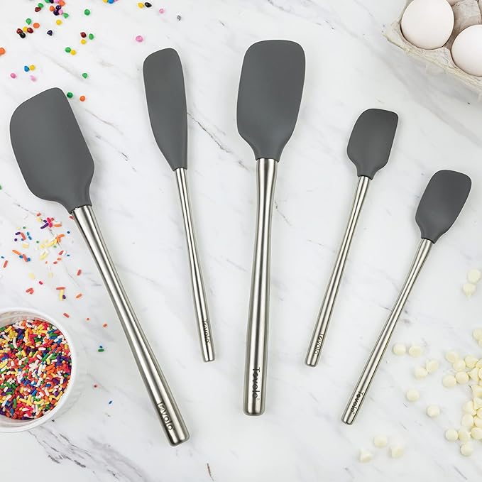 Tovolo Stainless Steel Handled Silicone Spatula Set of 5 Charcoal Gray, Dishwasher Safe Kitchen Spatula Set for Cooking Baking, Non Toxic BPA Free Silicone Spatula set with Metal Steel Handle