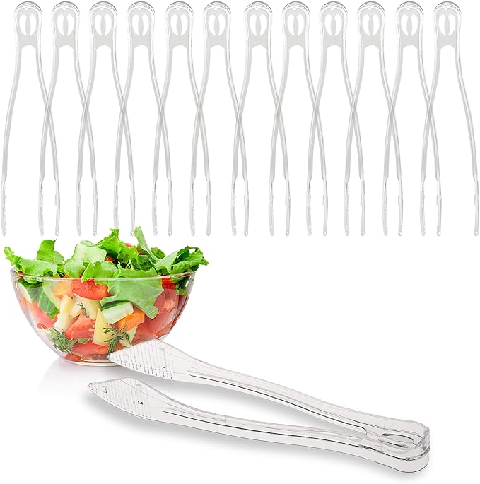 PARTY BARGAINS 8.5 Inches Plastic Serving Tongs, 12 Pack, Premium Quality & Heavy-Duty Clear Plastic Tongs for BBQ, Salads, Grilling, Buffets, Kitchen