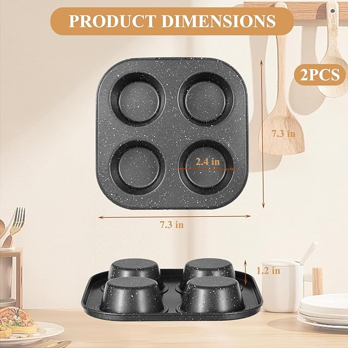 Walooza 4 Cup Muffin Pan 2 Pack, Nonstick Mini Muffin Tin for Air Fryer, 1.18In Deep Cupcake Baking Pan for Frittatas, Tarts, Brownies