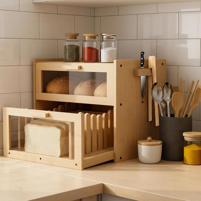 Colingmill Double Layer Bread Box for Kitchen Countertop, Bamboo Breadbox with Slicer, Baguette Storage for Homemade Bread, Breadbox with Cutting Board/Window, Gifts for Home Bakers