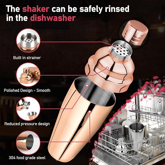 24oz Cocktail Shaker Set Martini Shaker Set Bartender Set with Margarita Mixer Drink Shaker, Measuring Jigger and Mixing Spoon - Professional 18/8 Stainless Steel Bar Tools (Rose Gold)