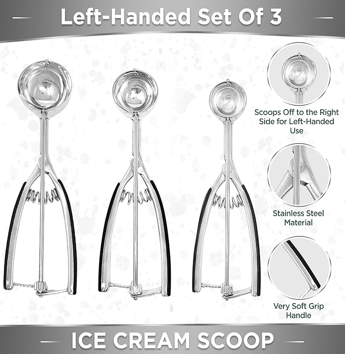Lefty’s Left handed Ice Cream Scoop Set of 3 - #20, 40, 60 Portion Kitchen Tools - Great for Scooping & Portioning Cookies, Meatballs, Cupcakes - Gifts for Left-Handed, Lefty, Adults, Chefs and Women