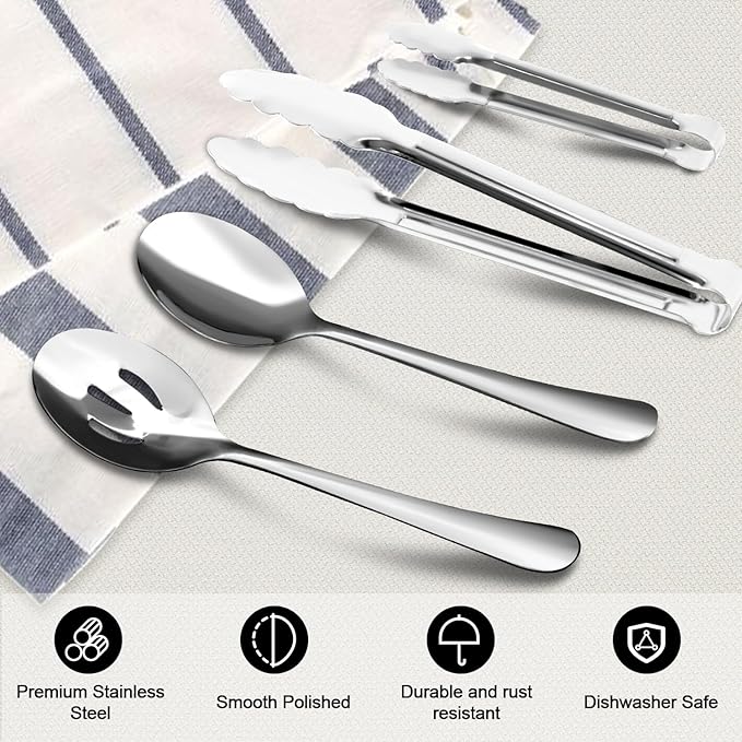 12PCS Stainless Steel Serving Utensils Sets - Large Serving Spoons,Slotted Spoons,Serving Tongs,Appetizer Tongs,Utensills Sets for Buffet Catering Banquet Party (Silver)