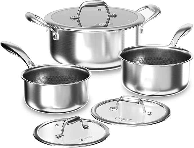 COOKER KING Stainless Steel 6 Pcs Pots Set, 1.5 & 2QT Saucepan and 5-Quart Pots with Lids, Non Stick, Non Toxic, Stay-Cool Handles, Induction, Oven, Dishwasher Safe