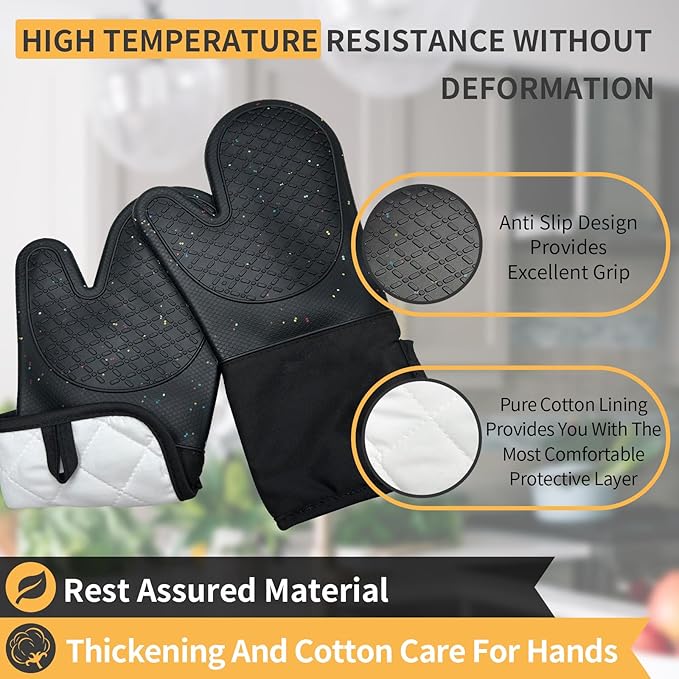 Oven Glove Cute,Cooking Mittens,Oven Mittens for Kitchen,Oven Gloves for Kitchen,Washable Silicone Oven Mitts Heat Resistant 500°F, Potholders for Kitchens Cooking Baking(Black