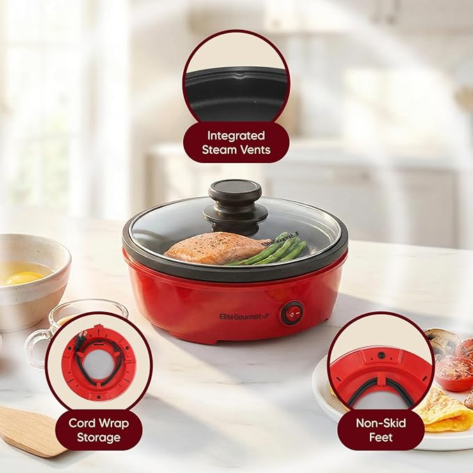 Elite Gourmet EGL-6101 Personal Stir Fry Griddle Pan, Rapid Heat Up, 650 Watts Non-stick Electric Skillet with Tempered Glass Lid, Red