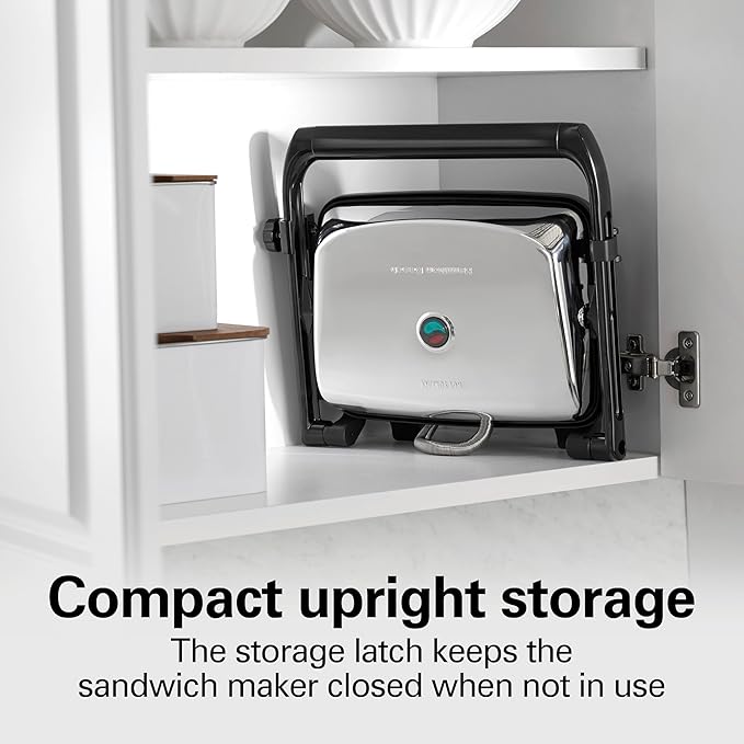 Hamilton Beach Panini Press Sandwich Maker & Electric Indoor Grill with Locking Lid, Opens Wide to Fit Any Thickness for Quesadillas, Burgers & More, Nonstick 8" x 10" Grids, Chrome (25460MNA)