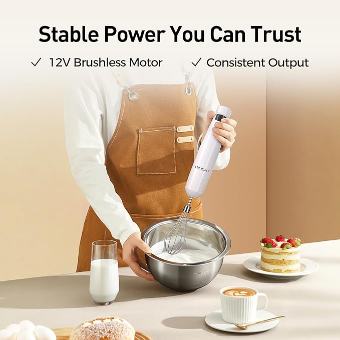 Cordless Immersion Hand Blender (Stick Blender) – Smooth, Controlled Blending for Everyday Cooking, 12V Brushless Motor, Pressure-Sensitive Variable Speed, USB-C Rechargeable, Easy-Clean (White)