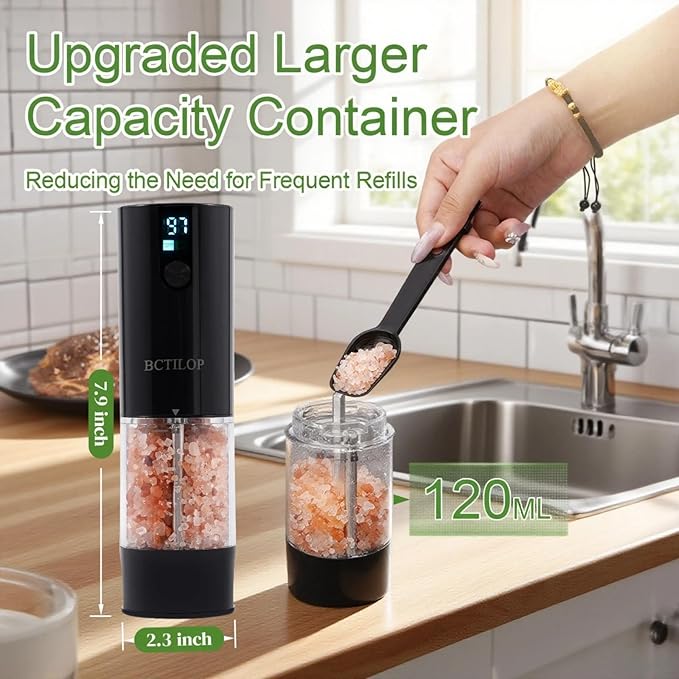 2Pack Electric Salt and Pepper Grinder Set with Power Display, USB Rechargeable Automatic Salt & Pepper Mills, Adjustable Coarseness, 120ml Larger Capacity with LED Light (Black Set)