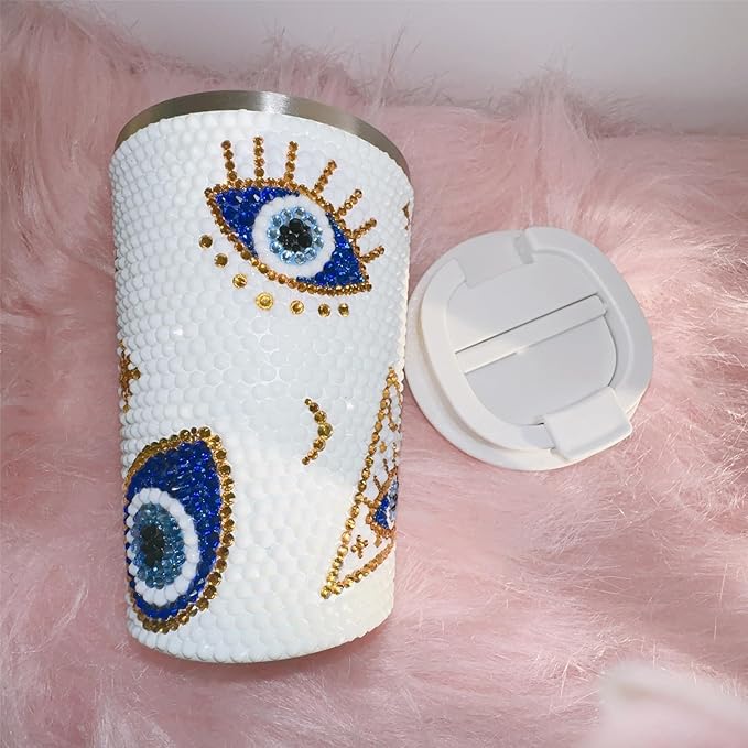 380ml Stainless Steel Sparkle Rhinestone Decorate Evil Eyes Tumbler,White Diamond Decorate Evil Eyes Students'/Auto Mug(White)
