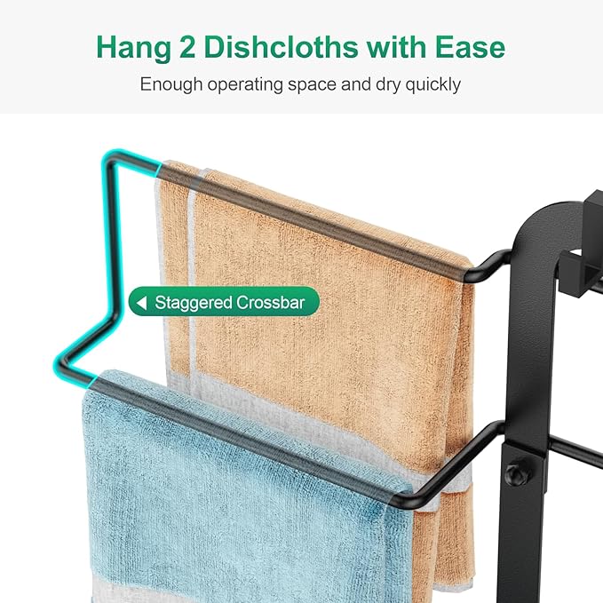 GSlife Sink Caddy Kitchen Sink Organizer - Large All-in-One Sponge Holder with Towel Holder, Rust Resistant Countertop Caddy with Drip Tray and Hooks for Brush, Gloves, Drying Hanger, Black