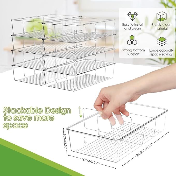 Snack Organizer for Pantry Shelf, 6 Pack Clear Plastic Pantry Storage Bins with 3 Dividers for Snacks, Spices, Chips Food Organizer, Stackable Pantry Organizers for Kitchen, Fridge, Cabinet