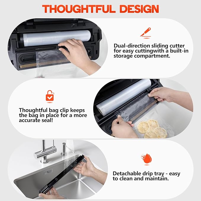 Vacuum Sealer Machine, 95Kpa vacuum sealer for food with Bags Storage and Built-in Cutter,food vacuum sealer machine,Dry/Moist/Gentle Mode, Removable Drip tray, Complete Starter Kits, Stainless Steel
