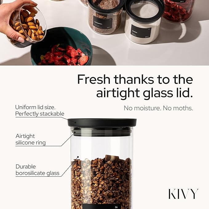 KIVY Airtight glass jars with transparent Glass Lid [2x 60oz] Glass airtight food storage containers - Pasta containers storage - Spaghetti container - Pasta containers for pantry flour Jar