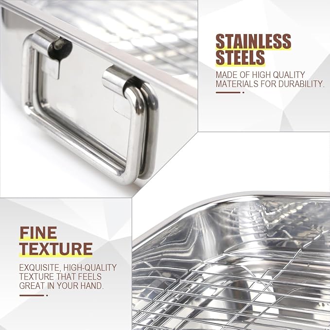 Stainless Steel Roasting Pan with Rack Rectangular Baking Pan BBQ Bakeware Quarter Sheet with Handles for Turkey Chicken Meat & Vegetables (36x26x6CM)