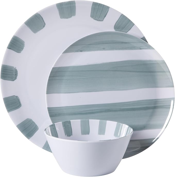 Gibson Home Cottage Stripes 12-Piece Melamine Plates and Bowls Dinnerware Set - Outdoor, Camping, & Everyday Use - Assorted Colors