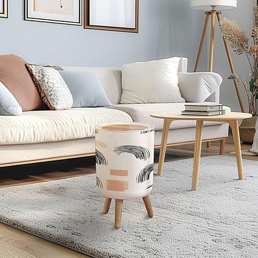 Trash Can with Lid Aesthetic Contemporary seamless pattern abstract Minimal elegant line Press Top Round Small Garbage Bin with Wooden Legs Waste Basket for Kitchen Bedroom Nursery 7L/1.8 Gallon