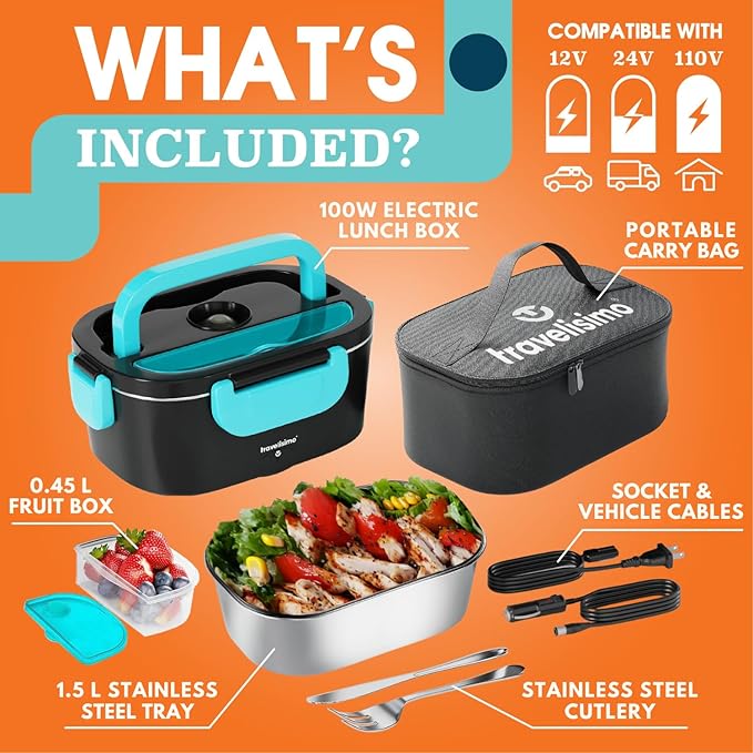 TRAVELISIMO Electric Lunch Box for Adults 100W Heated Lunch Box For Men 1.5L Stainless Steel Portable Food Warmer, 12/24/110V for Travel & Work, Loncheras Electricas Para Calentar almuerzo