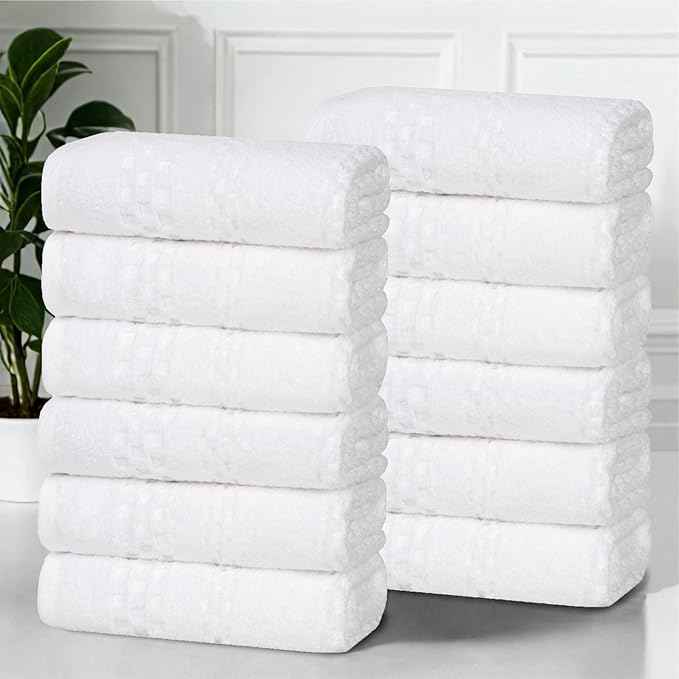 Superior Playa Zero Twist Cotton Medium Weight Small Towels, for Kitchen, Bathroom, Shower, Spa, Plush, Quick Dry, Ultra-Soft Essentials, Waffle Textured, Face Towels Washcloths, Set of 12, White