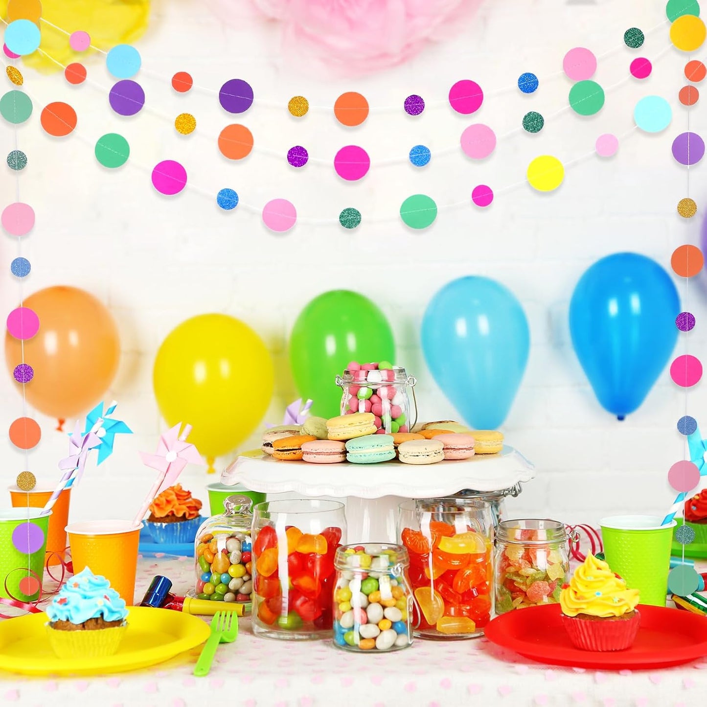 Outus 40 Pieces Colorful Dots Paper Garland Round Glitter Garland Hanging Confetti Streamers Backdrop Decoration for Birthday Classroom Candy Sprinkles Trunk or Treat Party (Rainbow)