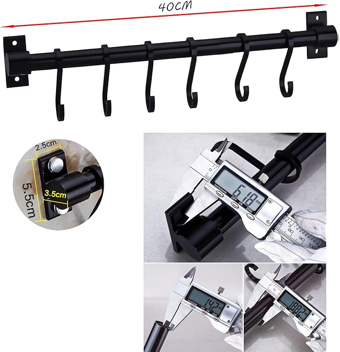 WONMILLE Gourmet Kitchen Utensil Rack with 6 Hooks, Wall Mounted Rail Wrought Iron Hanging Utensil Holder Rack with Removable S Hooks 16 Inch (Black-6 Hooks)