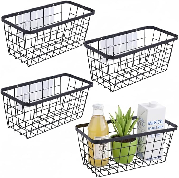 4 set Hanging Wall Basket Organizer,Over the Cabinet Door Wire Baskets for Organizing -Space-Saving Hanging Baskets for Organizing,Wall Mount Storage,No Drilling Adhesive Wall Storage Basket, Black