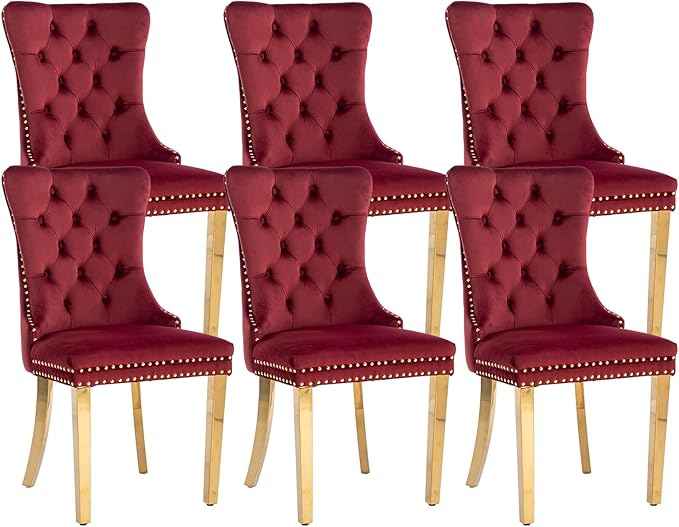 Velvet Dining Chairs Set of 6, Kitchen Chairs Set of 6, Tufted Upholstered Dining Room Chair, Back Ring Pull Trim, Golden Stainless Steel Legs, Wine Red