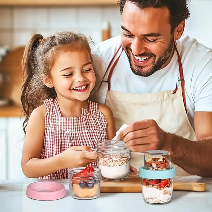 ComSaf Overnight Oats Containers with Lids (8oz+4oz, 2Pcs), Glass Yogurt Parfait Cups for Cereal Nut Fruit, Dual-Layer Chia Pudding Jars Reusable, Small Mason Jars for Salad, Meal Prep, Snack, Oatmeal