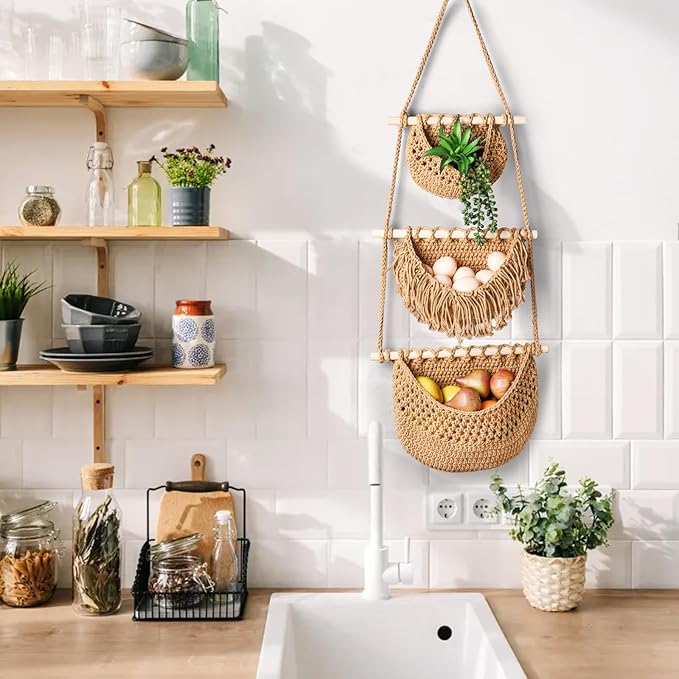 Lawei 3 Tier Hanging Fruit Basket, Wall Hanging Vegetable Fruit Baskets Cotton Woven Storage Baskets for Organizing, BOHO Wall Basket Decor, Over the Door Organizer for Kitchen, Bedroom, Bathroom
