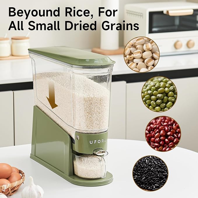 Rice Dispenser 22Lbs, Slim Rice Storage Container for Small Space, BPA-Free Clear Dry Food Dispenser Sealed Moisture Proof, Grain&Cereal Storage Bucket for Kitchen Pantry Household,Green